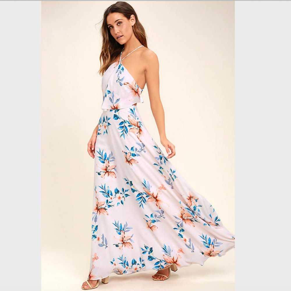 Light Peach Floral Print Halter Maxi Dress